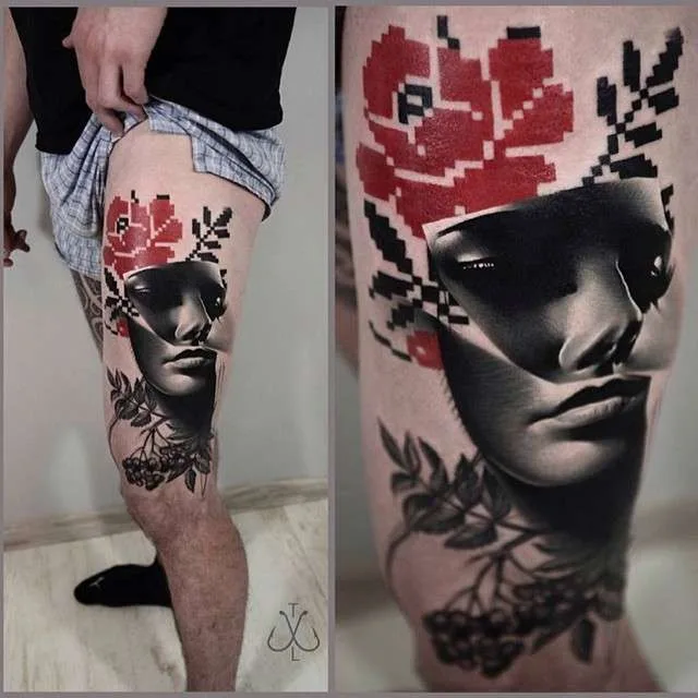 Artista de tatuagem Timur Lysenko - autoria de tatuagem combina elementos de realismo e polka de lixo, intercalados com padrões escandinavos